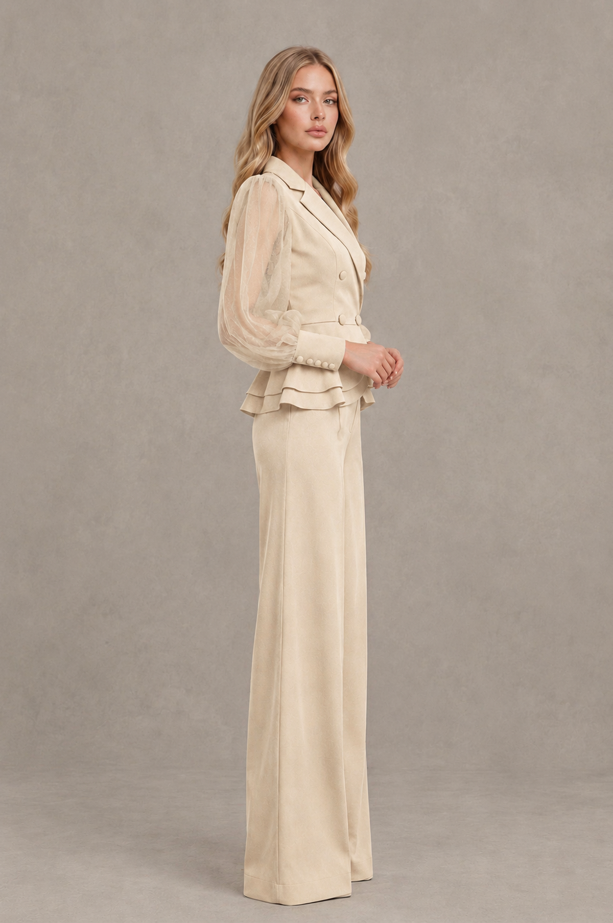 BOLODOO Mint Champagne Peplum Blazer Wide-Leg Pantsuit with Sheer Puff Sleeves - Champagne