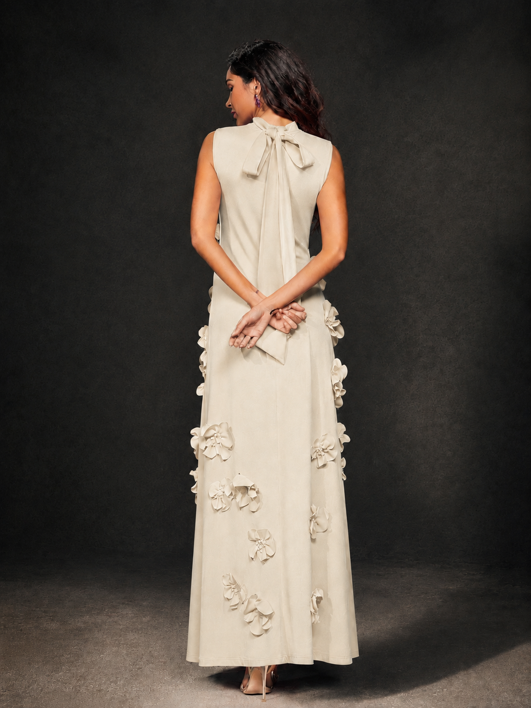 BOLODOO Champagne Mock Neck Sleeveless 3D Floral Appliqué Maxi Dress with Bow Back - Champagne