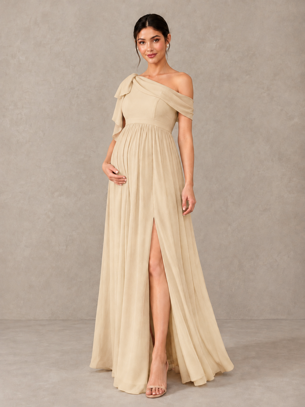 BOLODOO Champagne One-Shoulder Maternity Bridesmaid Dress with Slit - Champagne - Champagne (5)