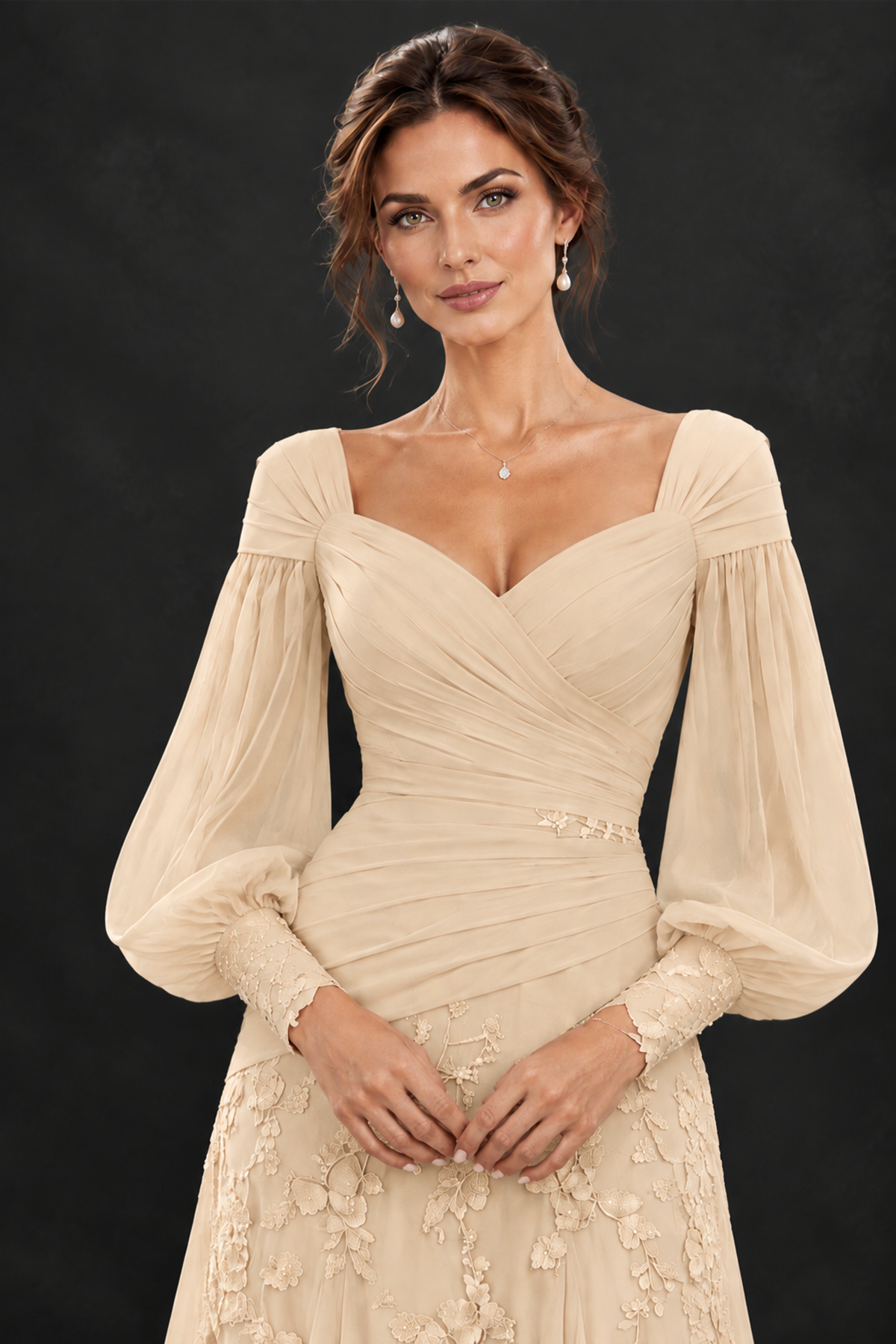 BOLODOO Champagne Long Sleeve Mother of the Bride Dress with Floral Appliqués - Champagne - Champagne (5)