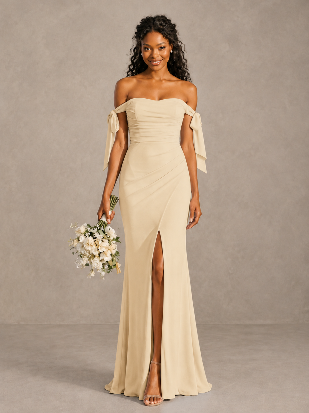 Champagne 1 Off-Shoulder Bow Bridesmaid Dress with Slit - Champagne 1 - Champagne_1 (1)