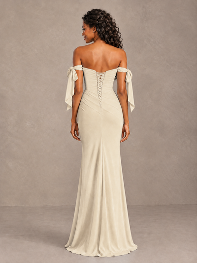 Champagne 1 Off-Shoulder Bow Bridesmaid Dress with Slit - Champagne 1 - Champagne_1 (2)