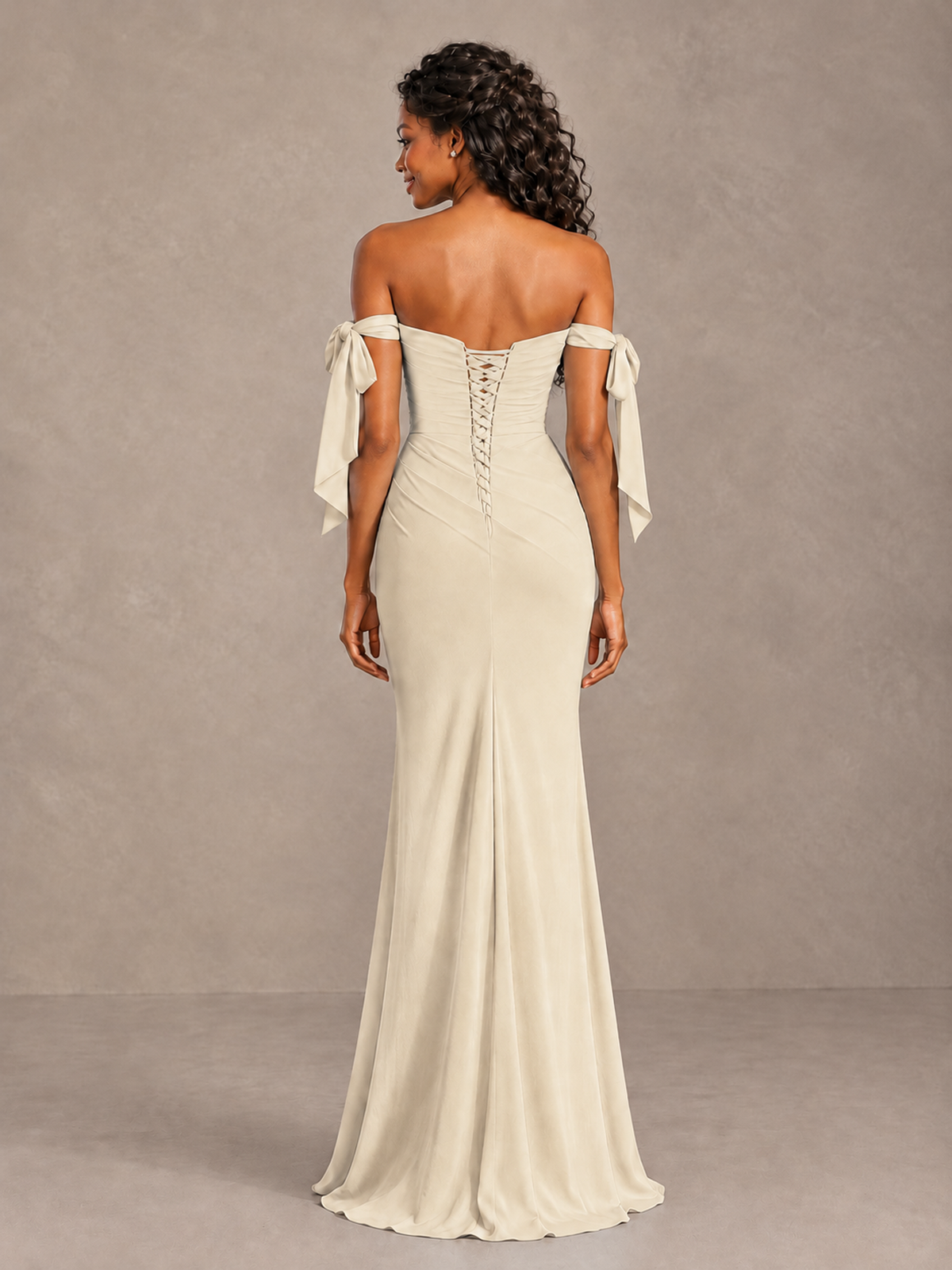 Champagne 1 Off-Shoulder Bow Bridesmaid Dress with Slit - Champagne 1 - Champagne_1 (2)