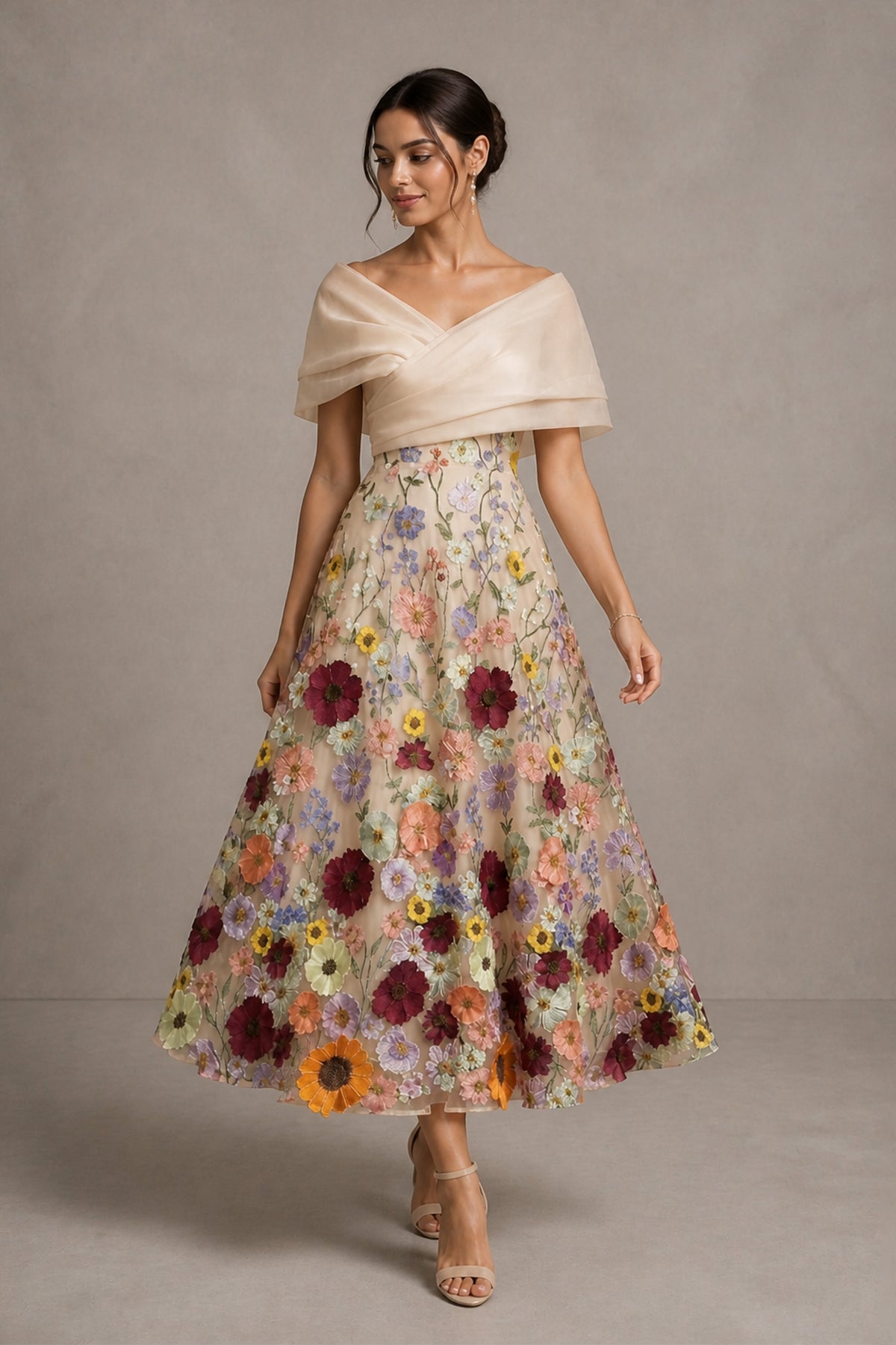 Champagne Off-Shoulder 3D Floral Embroidered Tulle Tea Length Dress - Front Hero View