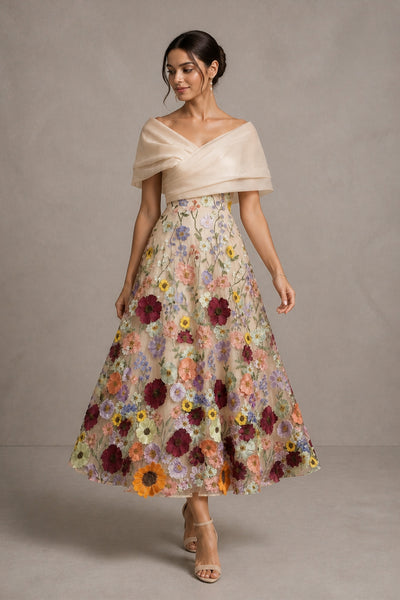 Champagne Off-Shoulder 3D Floral Embroidered Tulle Tea Length Dress - Front Hero View