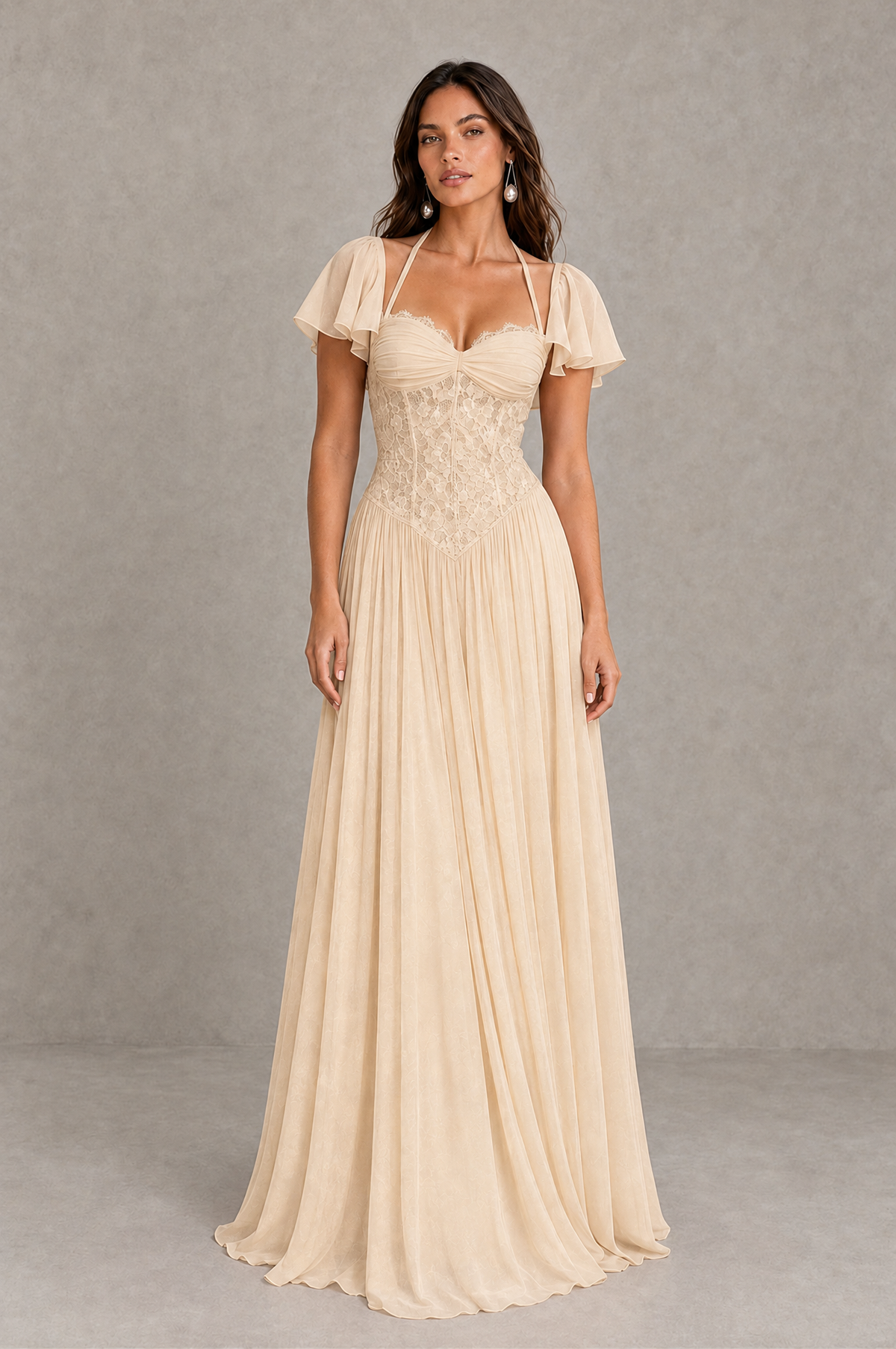 BOLODOO Champagne Flutter Sleeve Lace Corset A-Line Maxi Dress 