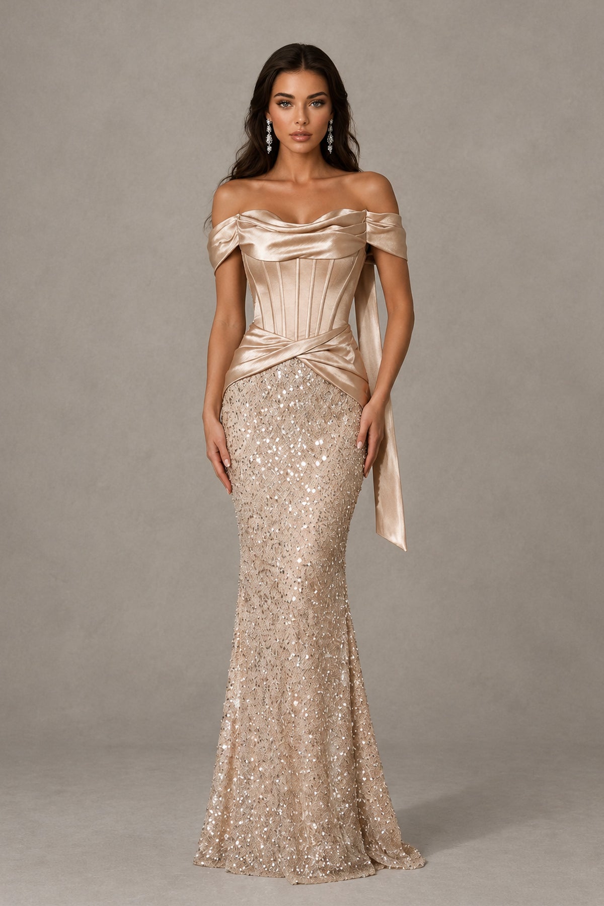 BOLODOO XX061 champagne off-shoulder satin-look and sequin mermaid gown, full front view