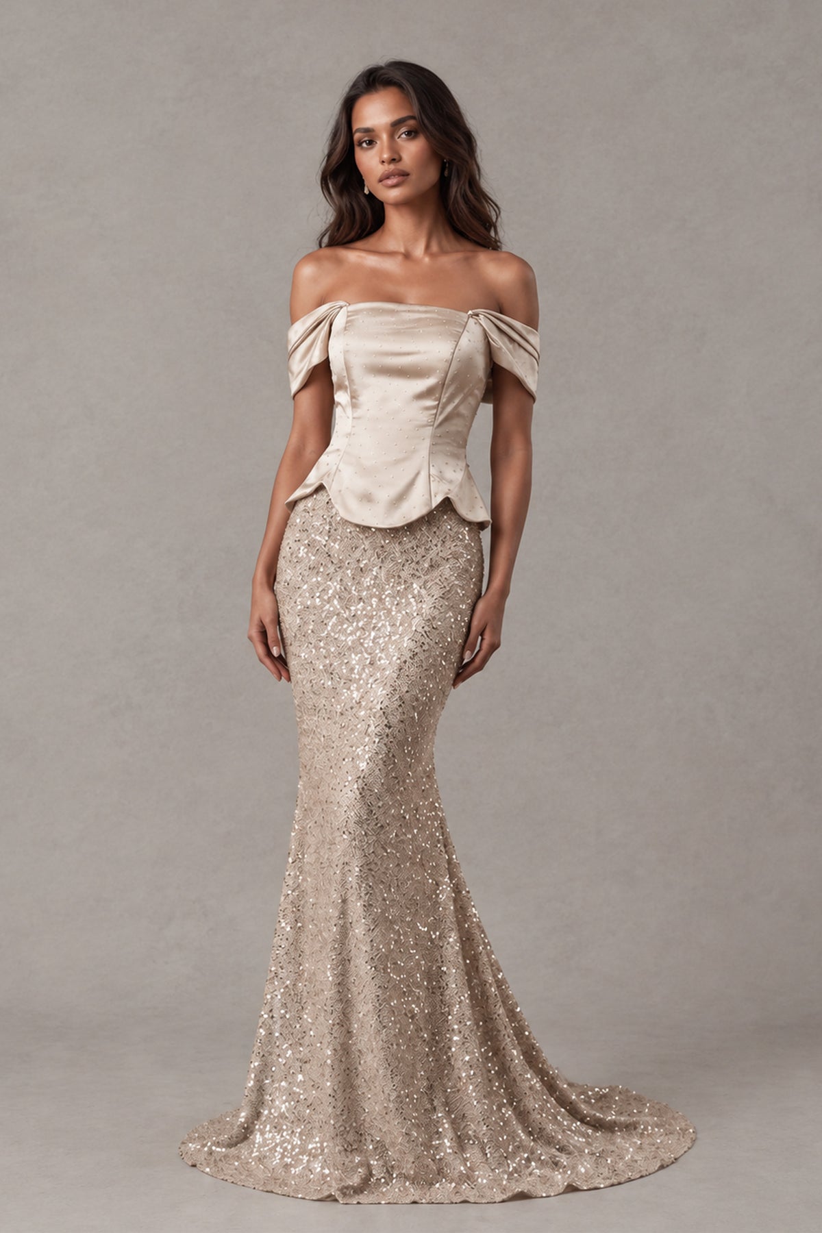 BOLODOO XX062 champagne off-shoulder sequin mermaid gown with satin-look peplum bodice, front view