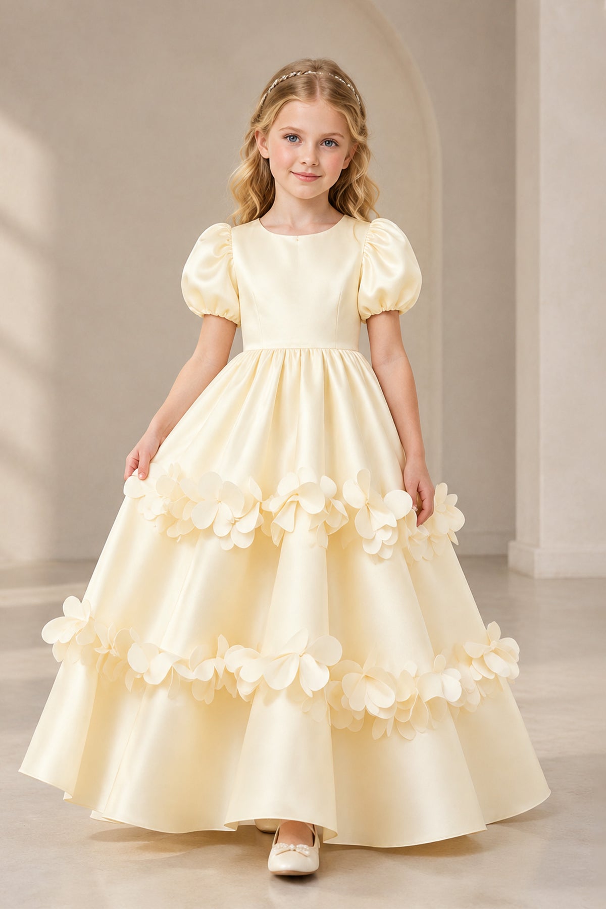 Back view of a champagne flower girl dress with a covered zipper back and floral appliques