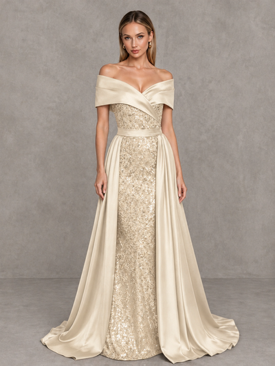 BOLODOO champagne sequin mermaid evening dress with detachable satin overskirt, front view