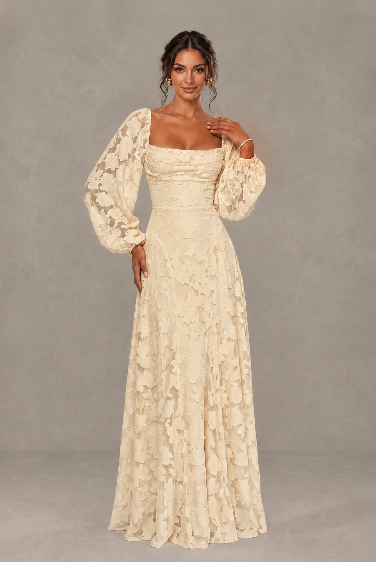 BOLODOO XX048 champagne floral A-line gown with square neckline and sheer long bishop sleeves, front view