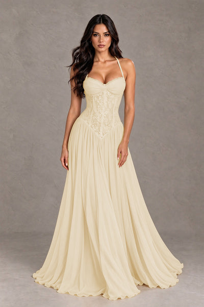 BOLODOO Champagne Lace Corset Halter Maxi Gown – Backless A-Line Formal Dress 