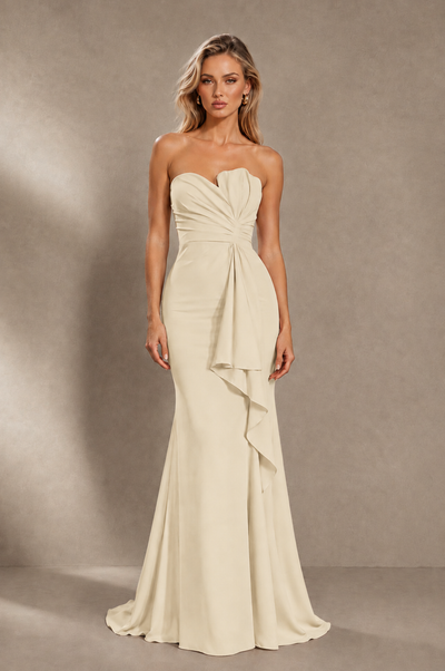 BOLODOO Champagne Strapless Sweetheart Ruched Mermaid Gown | Cascade Drape Formal Evening Dress 