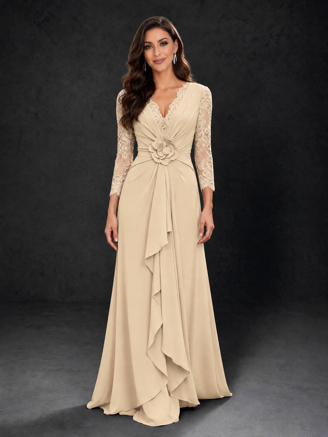 BOLODOO Champagne Lace Sleeve V-Neck Floral Waist Chiffon A-Line Maxi Dress 