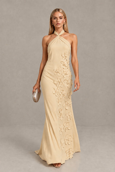 BOLODOO Champagne Cross Halter Neck 3D Floral Appliqué Backless Mermaid Maxi Gown 