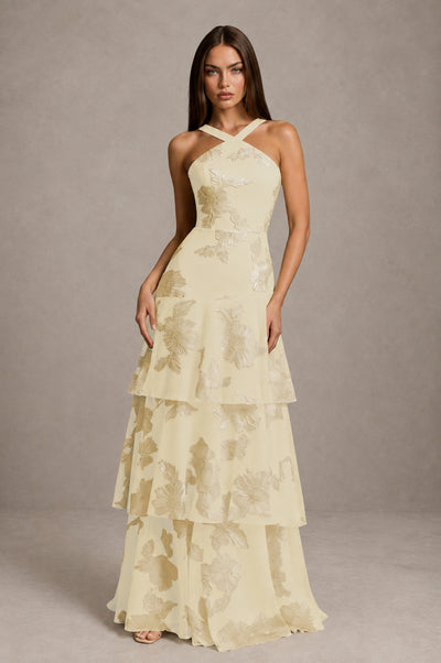 BOLODOO Champagne Crisscross Halter Neck Champagne Floral Embroidered Triple Tiered A-Line Tulle Maxi Dress 