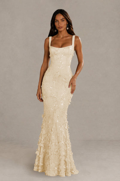 BOLODOO Champagne Sequin 3D Floral Mermaid Maxi Gown – Lace-Up Back Formal Dress 