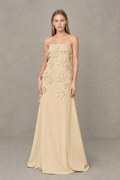 BOLODOO Champagne Strapless 3D Floral Appliqué Crepe Maxi Gown 