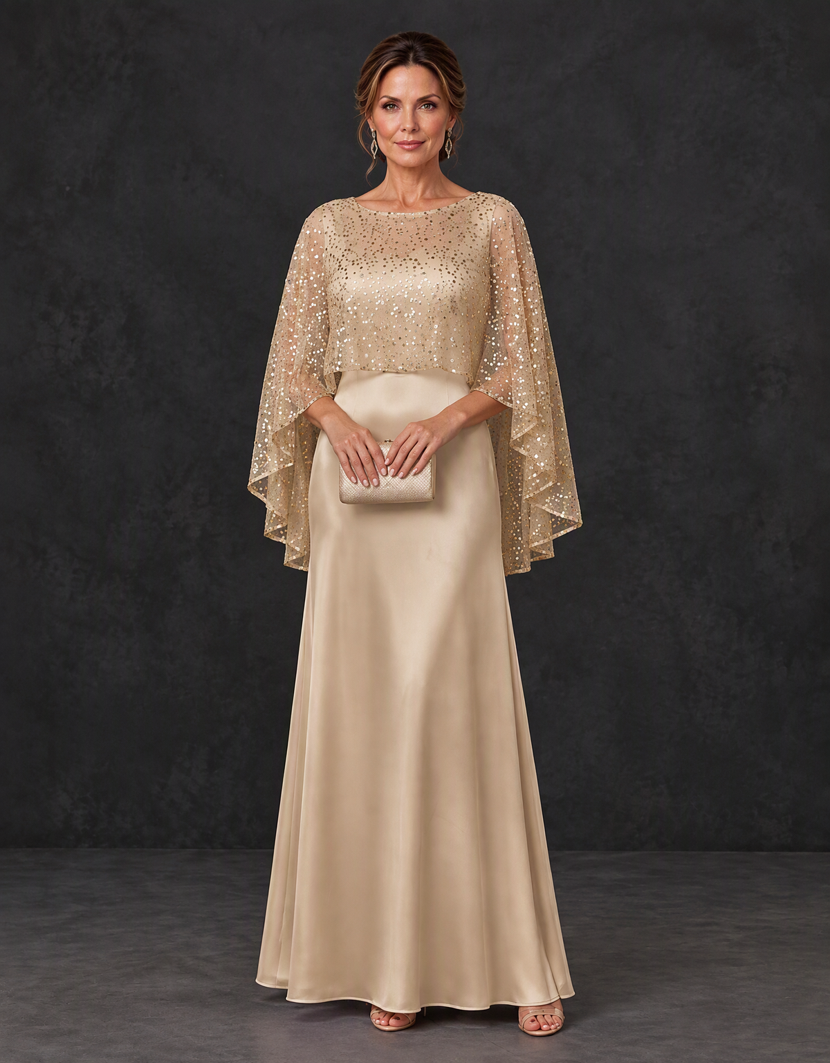 BOLODOO XX084 champagne mother of the bride dress with sparkling sheer cape sleeves and floor-length skirt, front view