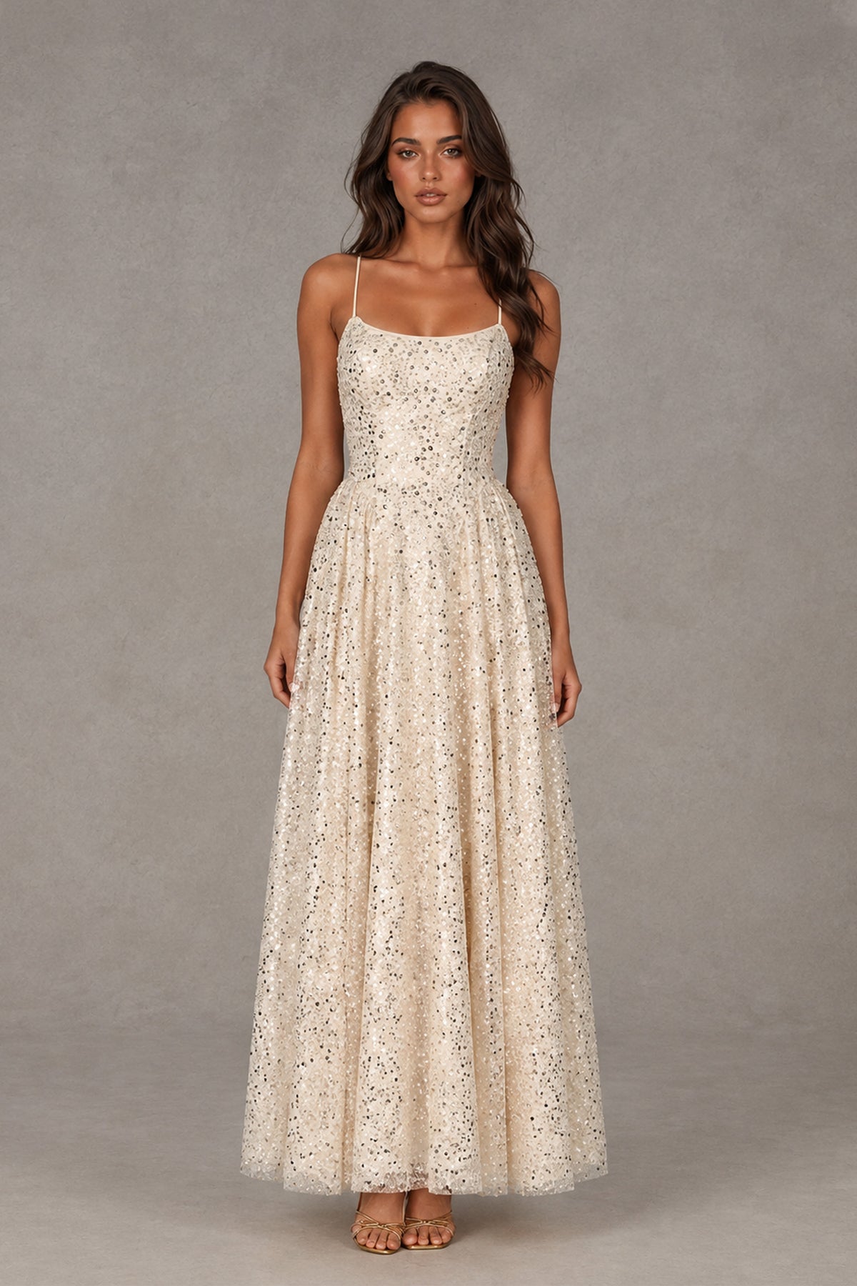 BOLODOO XX070 champagne sparkle spaghetti strap A-line prom dress, full front view