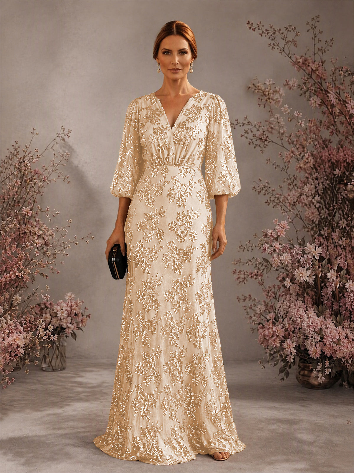 BOLODOO Champagne V-Neck Lantern Sleeve All-Over Sequin Floral Embroidered Mermaid Gown 