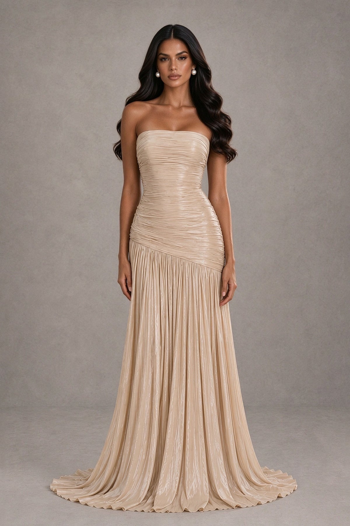 BOLODOO Champagne Gold Metallic Ruched Strapless Pleated A-Line Backless Maxi Dress with Train 