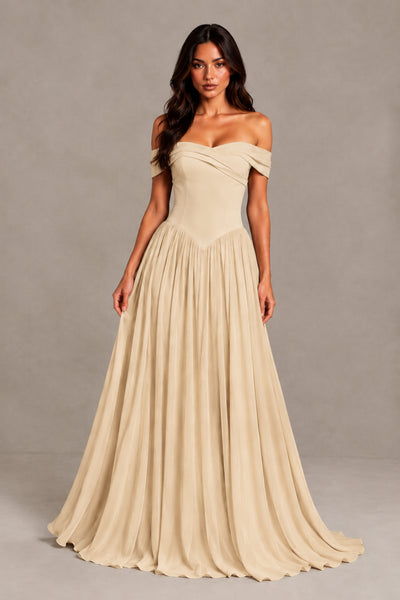 BOLODOO Champagne Off-Shoulder Sweetheart Corset Pleated Chiffon Maxi Dress 