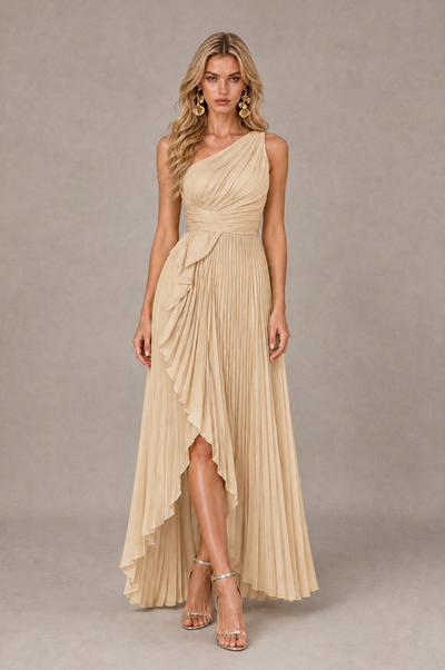 BOLODOO Champagne One-Shoulder High-Low Ruffle Maxi Dress 