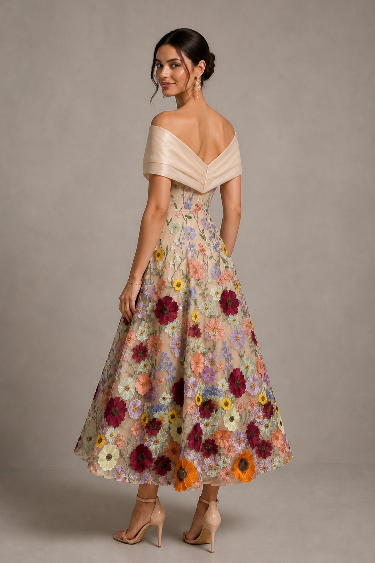 Champagne Off-Shoulder 3D Floral Embroidered Tulle Tea Length Dress - Back View