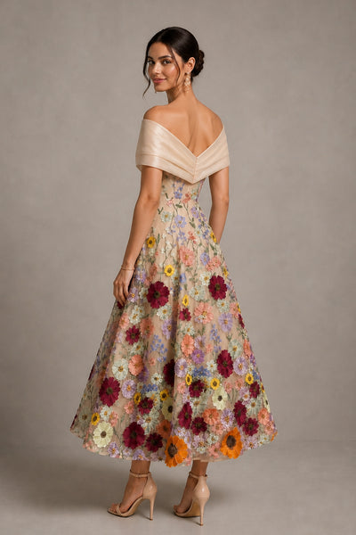 Champagne Off-Shoulder 3D Floral Embroidered Tulle Tea Length Dress - Back View