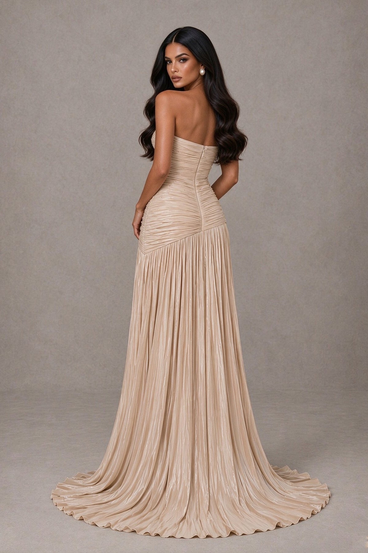 BOLODOO Champagne Gold Metallic Ruched Strapless Pleated A-Line Backless Maxi Dress with Train 
