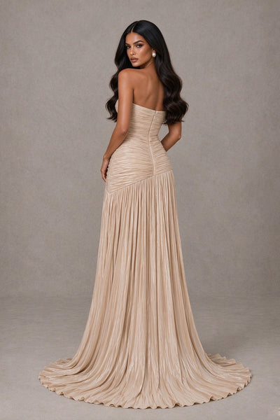 BOLODOO Champagne Gold Metallic Ruched Strapless Pleated A-Line Backless Maxi Dress with Train 