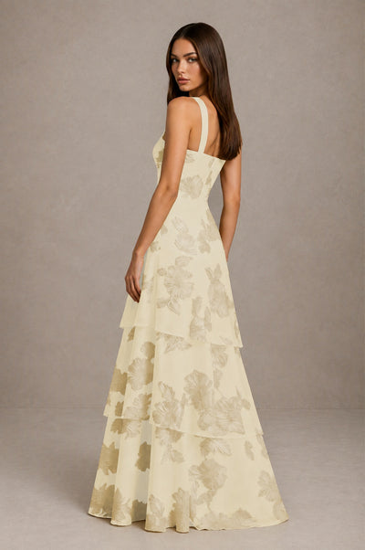 BOLODOO Champagne Crisscross Halter Neck Champagne Floral Embroidered Triple Tiered A-Line Tulle Maxi Dress 