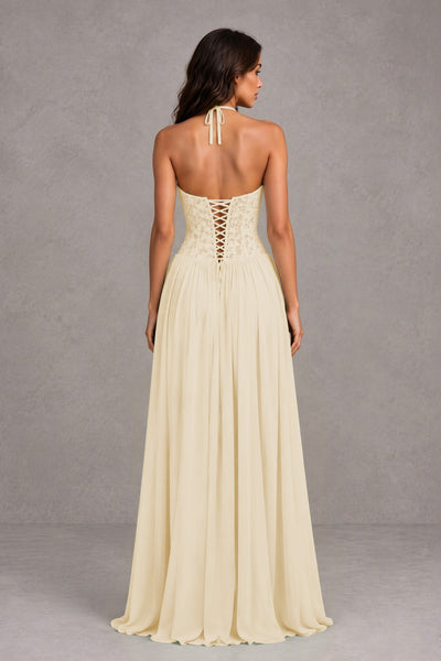 BOLODOO Champagne Lace Corset Halter Maxi Gown – Backless A-Line Formal Dress 