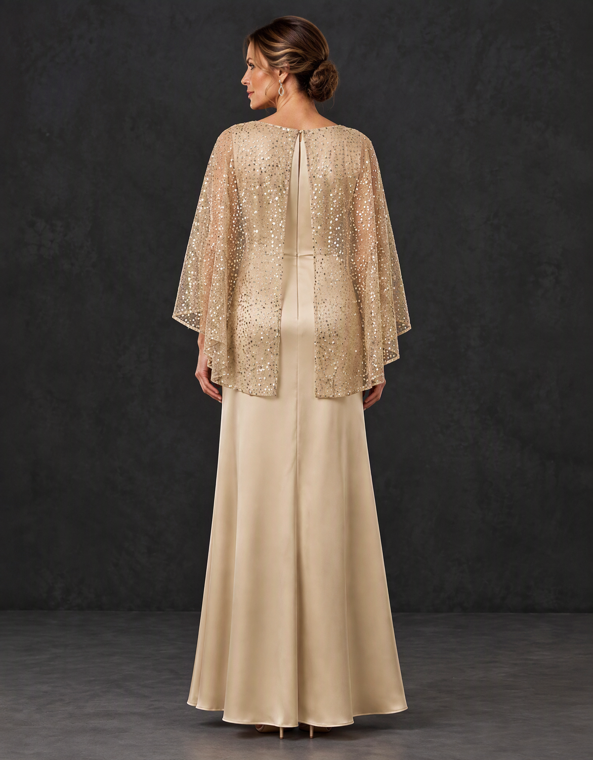 BOLODOO XX084 champagne mother of the bride dress showing center-split sheer cape overlay and covered inner back, rear view