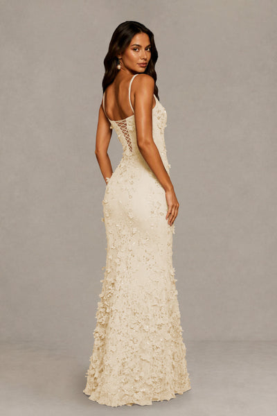 BOLODOO Champagne Sequin 3D Floral Mermaid Maxi Gown – Lace-Up Back Formal Dress 