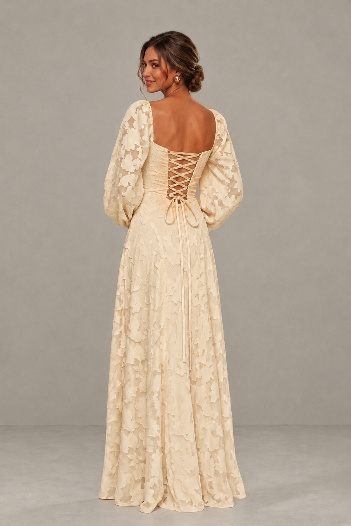 BOLODOO XX048 champagne floral gown with open lace-up back and long ties, back view