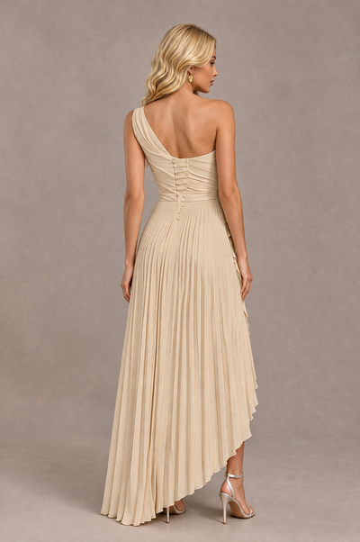 BOLODOO Champagne One-Shoulder High-Low Ruffle Maxi Dress 