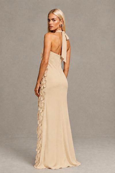BOLODOO Champagne Cross Halter Neck 3D Floral Appliqué Backless Mermaid Maxi Gown 