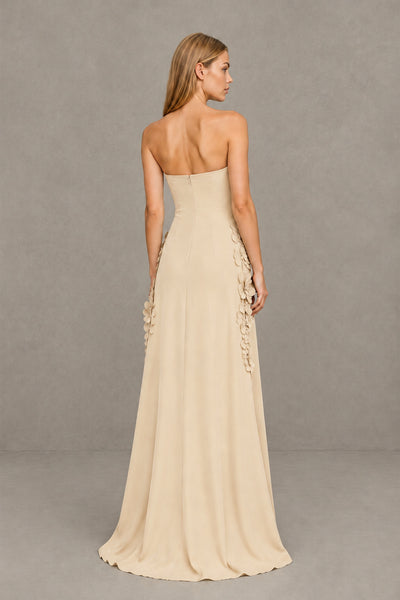 BOLODOO Champagne Strapless 3D Floral Appliqué Crepe Maxi Gown 