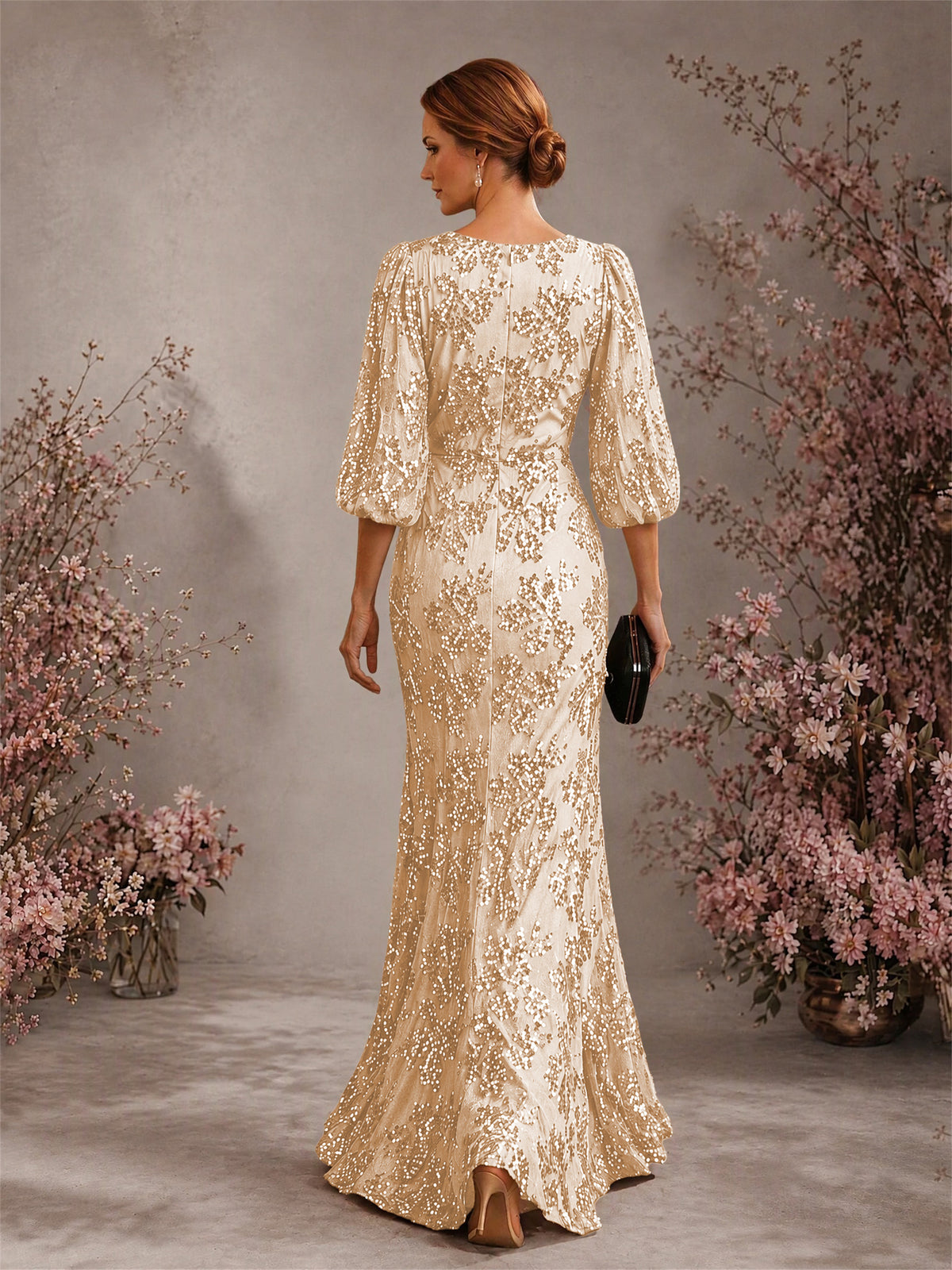 BOLODOO Champagne V-Neck Lantern Sleeve All-Over Sequin Floral Embroidered Mermaid Gown 