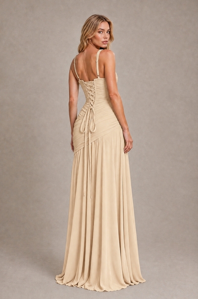 BOLODOO Champagne Spaghetti Strap Ruched Maxi Dress – Formal Evening Gown with Slit 