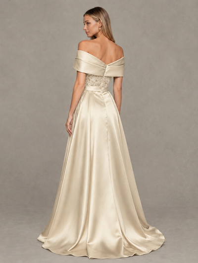 BOLODOO champagne sequin mermaid evening dress, covered back with satin overskirt