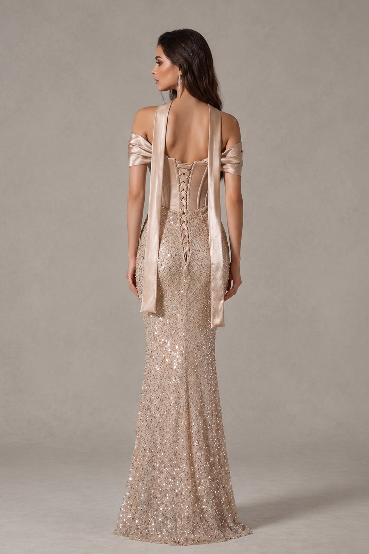 BOLODOO XX061 champagne gown with exposed upper back, lace-up bodice and long ribbon drapes, back view