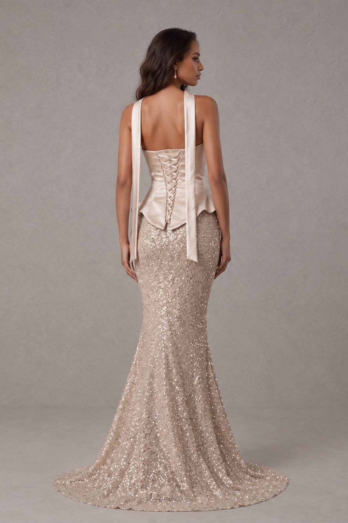 BOLODOO champagne gown with exposed upper back, lace-up bodice and long ribbon drapes, back view