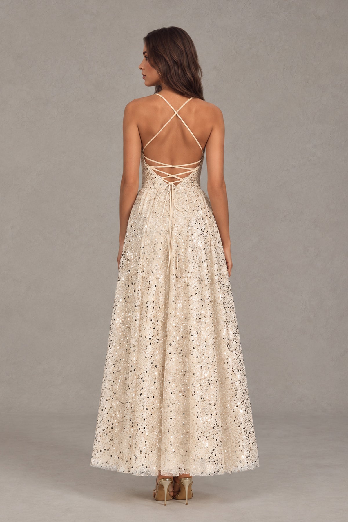 BOLODOO XX070 champagne dress with crisscross straps and lace-up open back, rear view