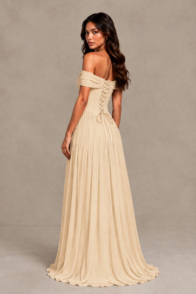 BOLODOO Champagne Off-Shoulder Sweetheart Corset Pleated Chiffon Maxi Dress 