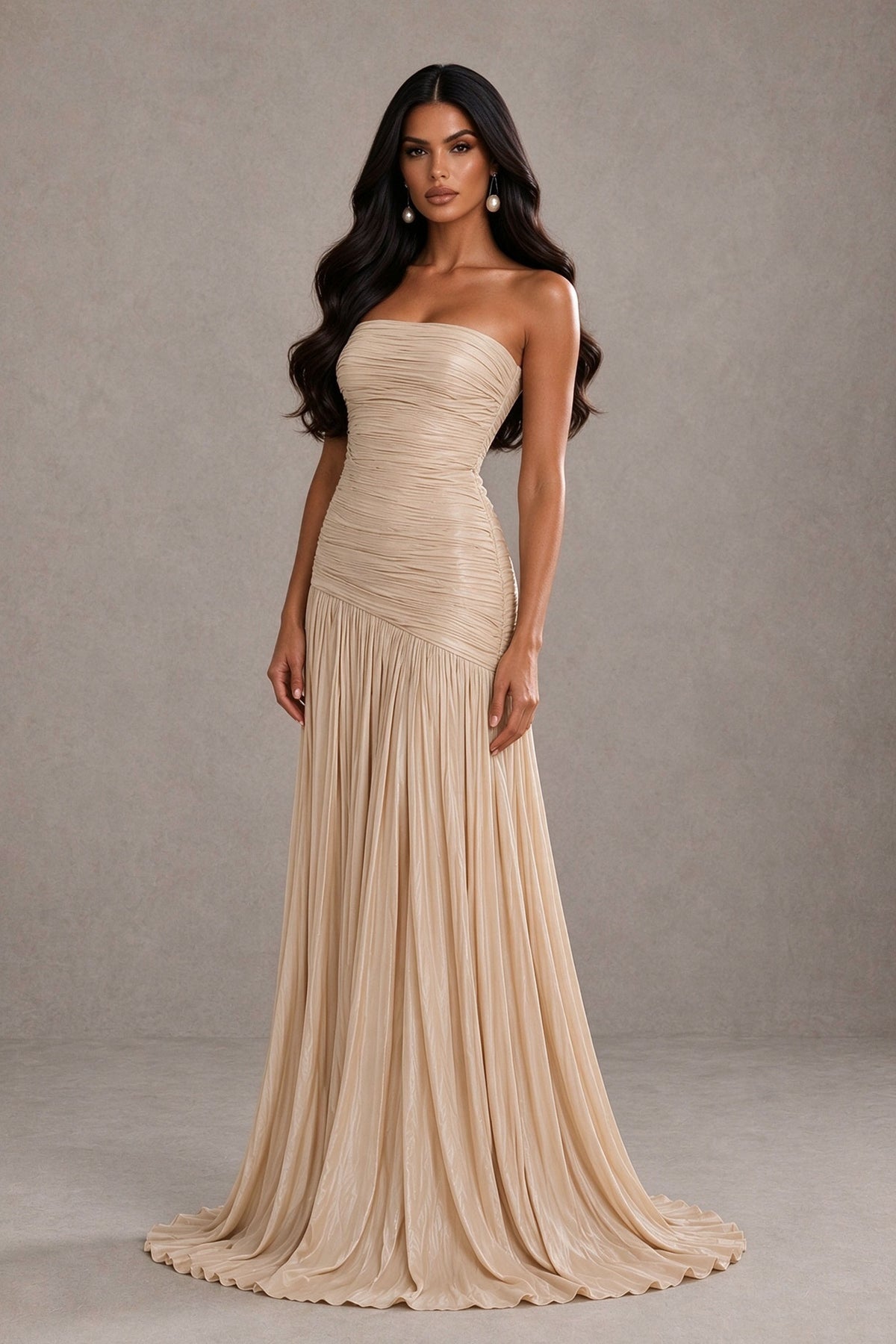 BOLODOO Champagne Gold Metallic Ruched Strapless Pleated A-Line Backless Maxi Dress with Train 