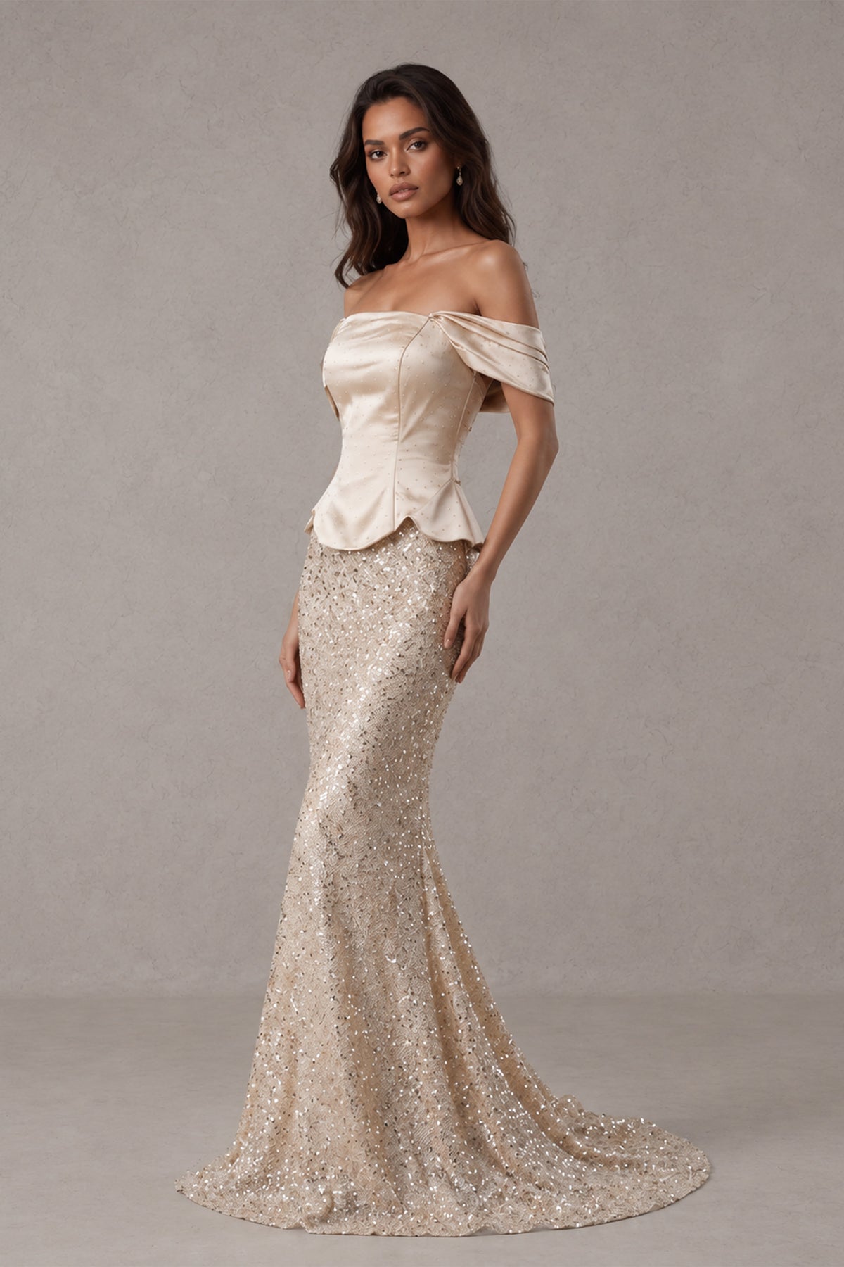 BOLODOO XX062 curved peplum bodice and sequin mermaid skirt with small train, side view