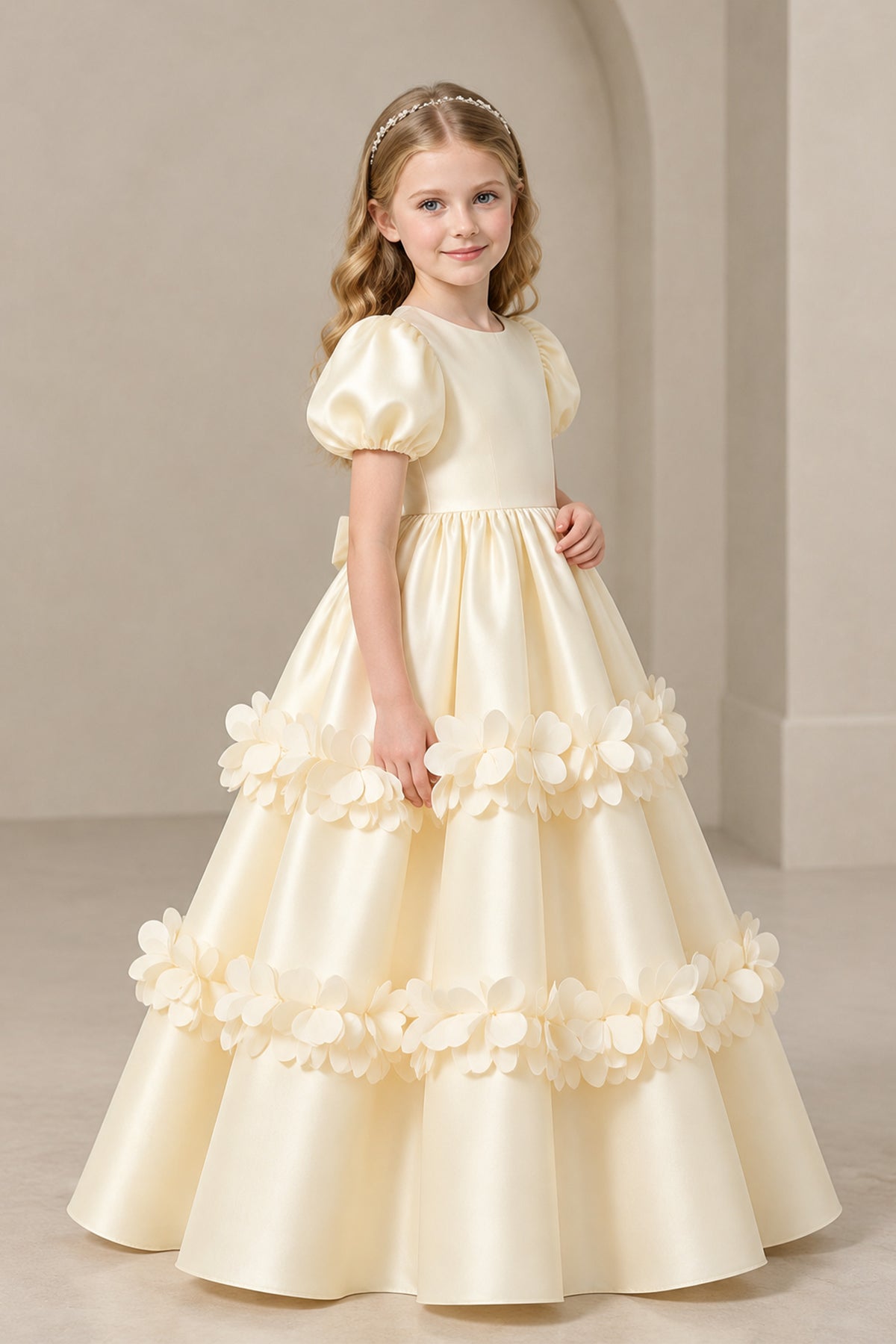 Angled front view of a champagne floor-length flower girl dress with 3D floral appliques